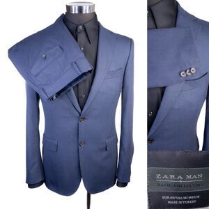 ZARA 2-Pcs Blue Suit Jacket Blazer Size 38R Pants 34X29 Two Button Poly Blend